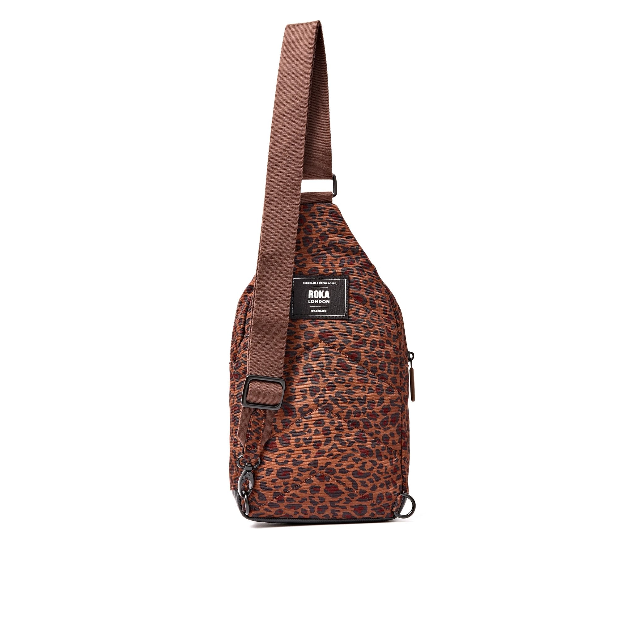 Roka Willesden Mini Leopard Recycled Canvas Sling Bag, back view.