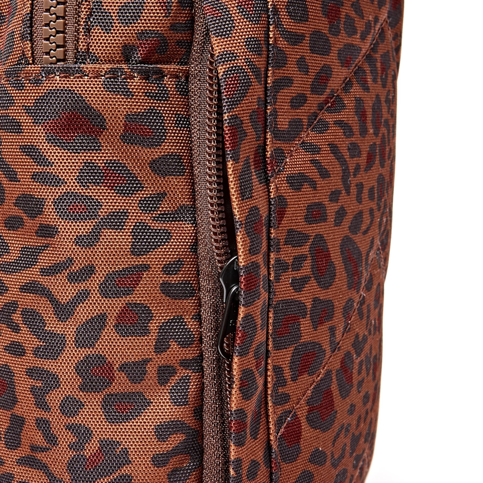 Roka Willesden Mini Leopard Recycled Canvas Sling Bag, hardware detail.