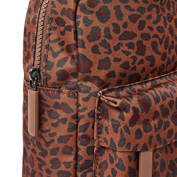 Roka Willesden Mini Leopard Recycled Canvas Sling Bag, zip detail.
