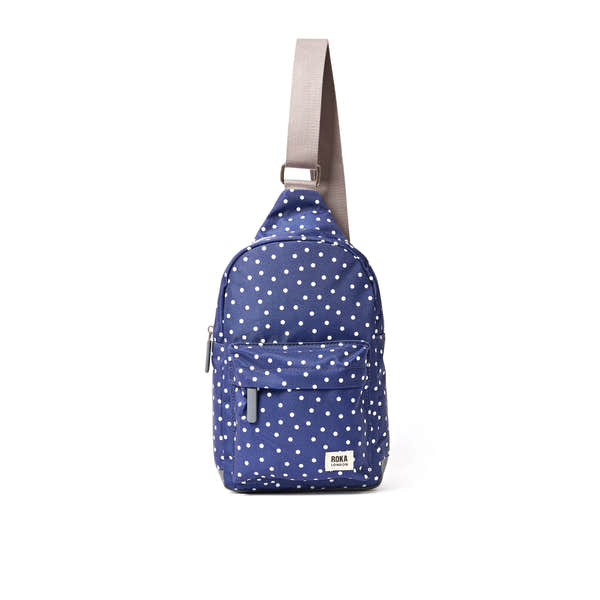 Roka Willesden Navy Polka Dot Recycled Canvas Sling Bag
