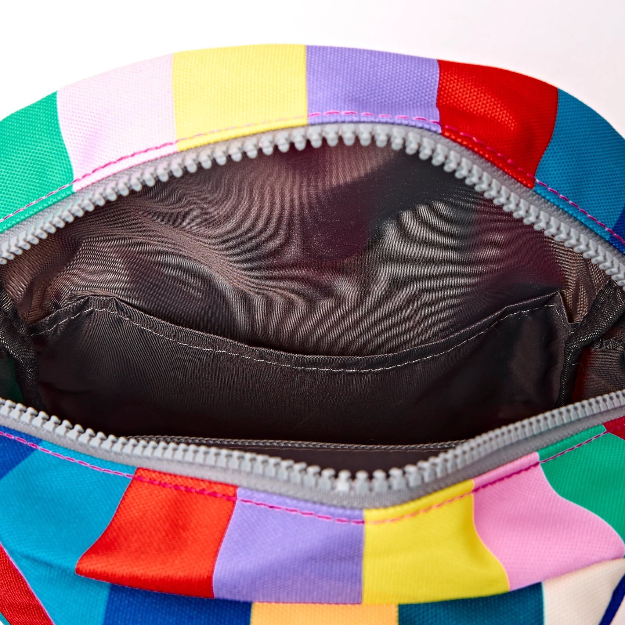 Roka Willesden Wide Multi Stripe Recycled Canvas Sling Bag, second interior view.