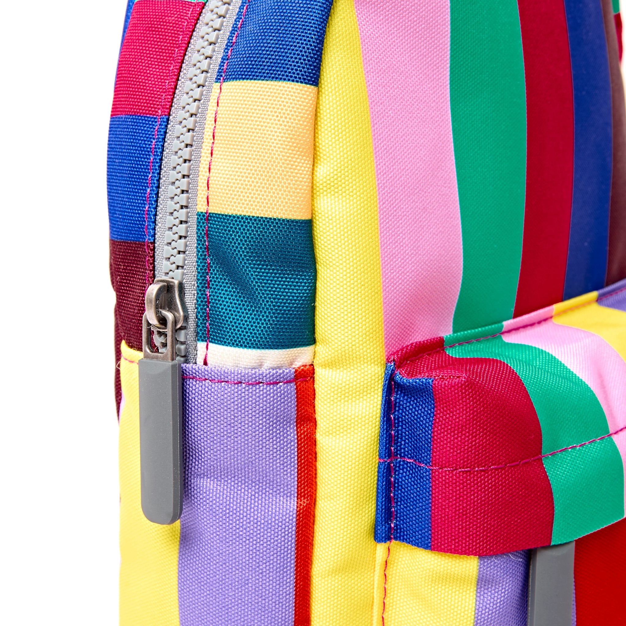 Roka Willesden Wide Multi Stripe Recycled Canvas Sling Bag, zip detail.