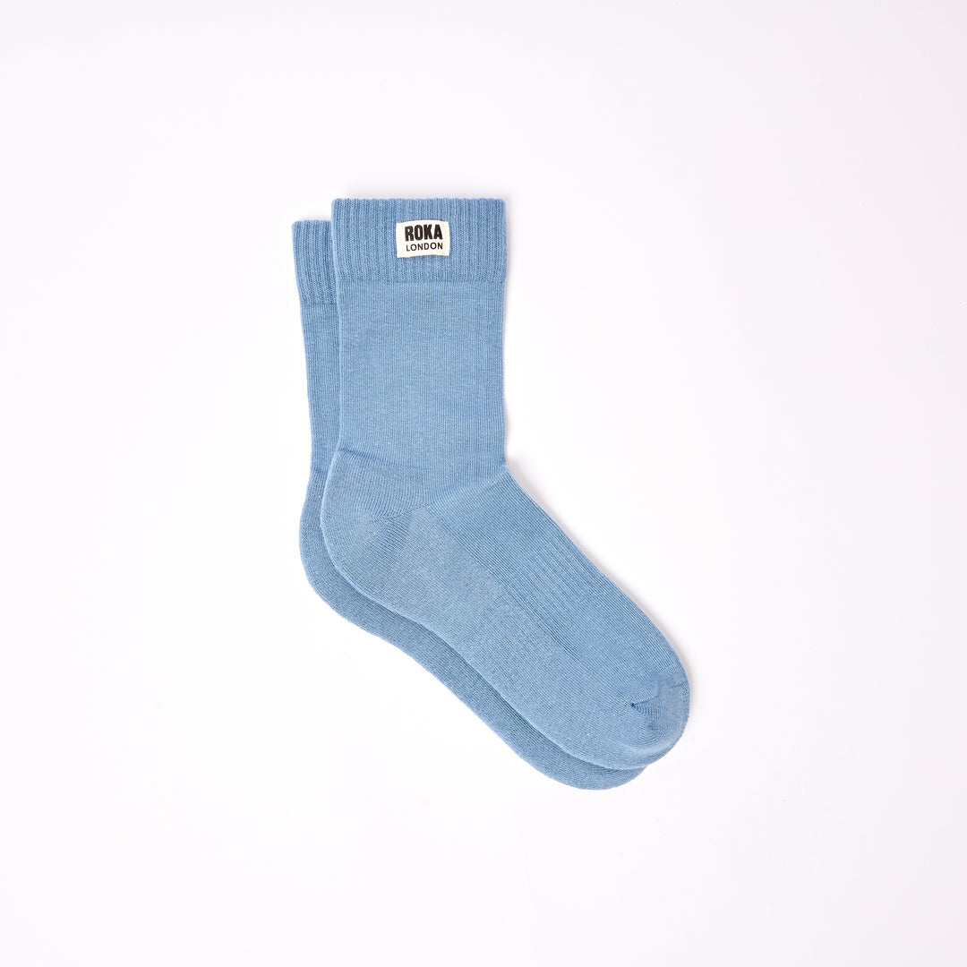 Roka Wimbledon Ladies Cotton Crew Sock One Size Airforce, flat lay view.