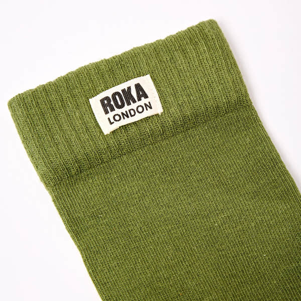 Roka Wimbledon Ladies Cotton Crew Sock One Size Avocado, brand label detail.