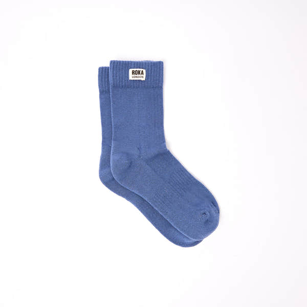 Roka Wimbledon Ladies Cotton Crew Sock One Size Coastal Blue, flat lay view.