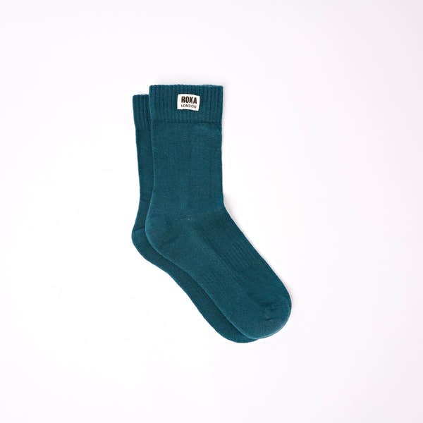 Roka Wimbledon Ladies Cotton Crew Sock One Size Teal, flat lay view.