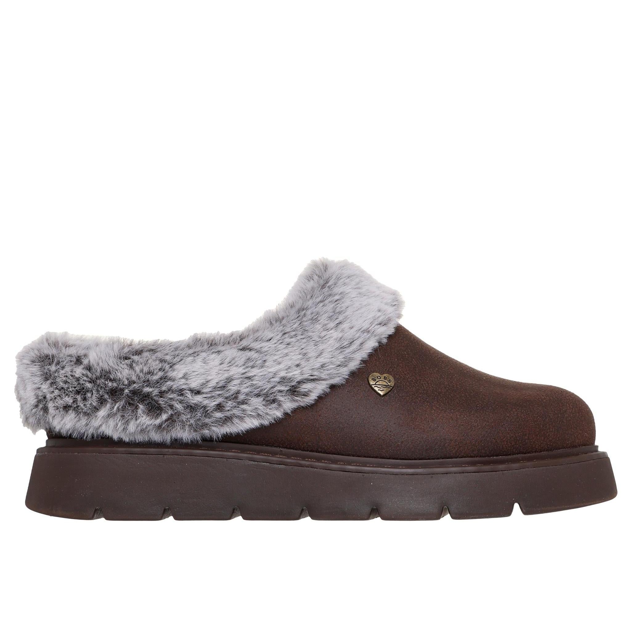 Skechers 114762 Keepsakes Lite - Cozy Blend Ladies Dark Brown Textile Slippers, front three-quarter view.