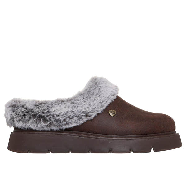Skechers 114762 Keepsakes Lite - Cozy Blend Ladies Dark Brown Textile Slippers, front three-quarter view.