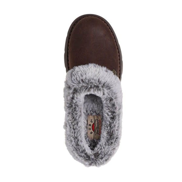 Skechers 114762 Keepsakes Lite - Cozy Blend Ladies Dark Brown Textile Slippers, insole and footbed view.