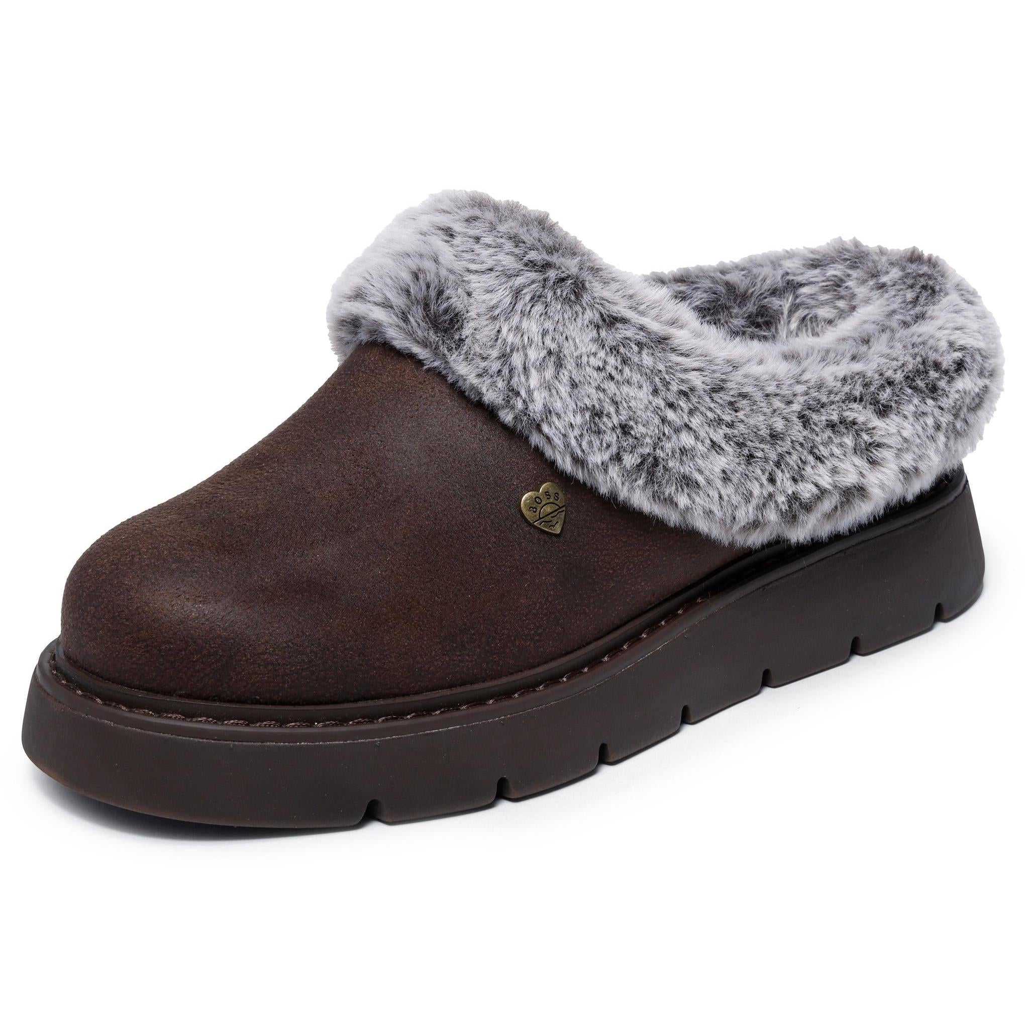 Skechers 114762 Keepsakes Lite - Cozy Blend Ladies Dark Brown Textile Slippers, left side view.