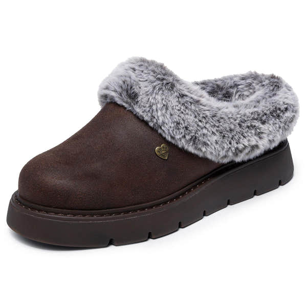 Skechers 114762 Keepsakes Lite - Cozy Blend Ladies Dark Brown Textile Slippers, left side view.