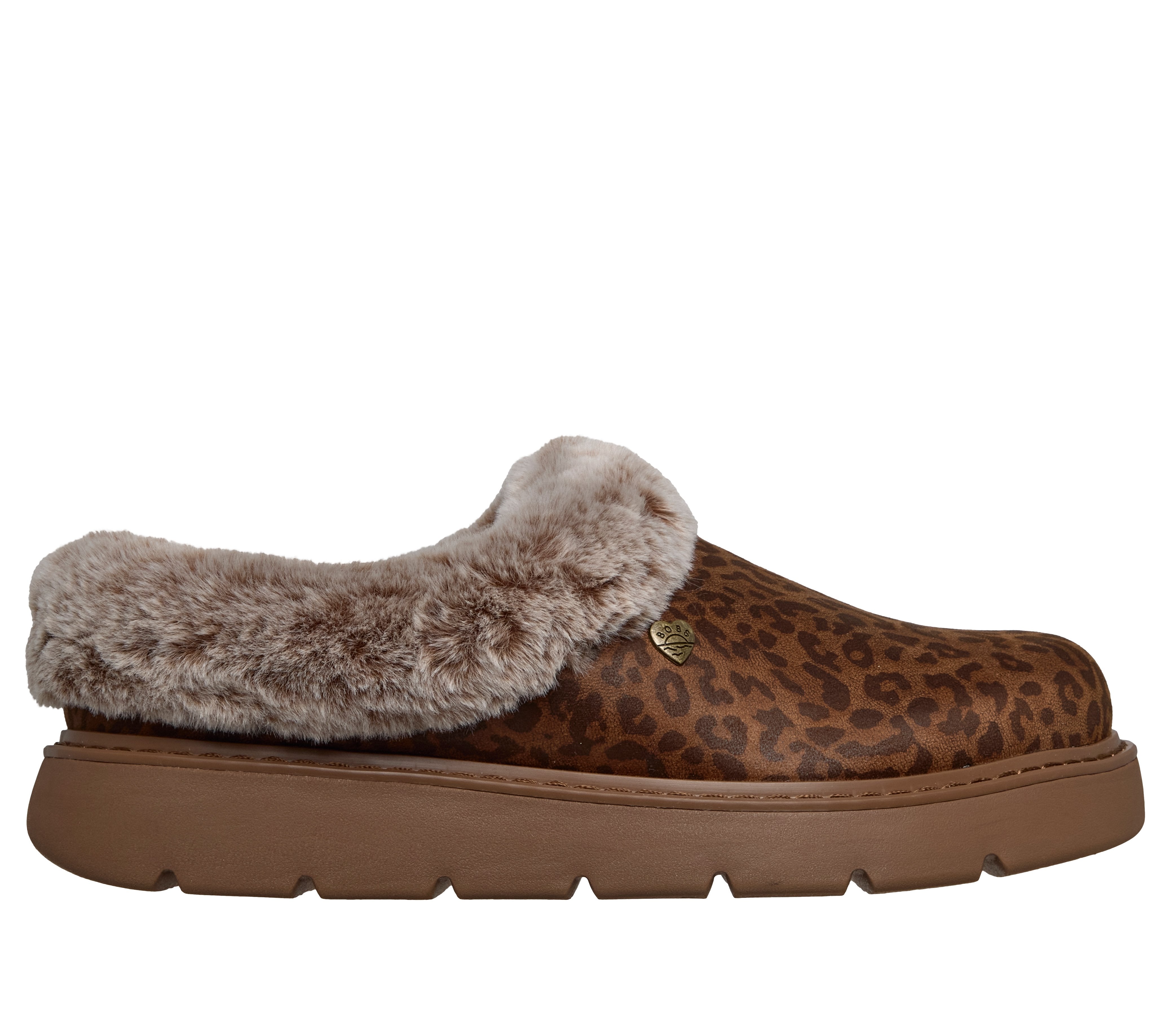 Skechers 114762 Keepsakes Lite - Cozy Blend Ladies Leopard Textile Slippers, front three-quarter view.