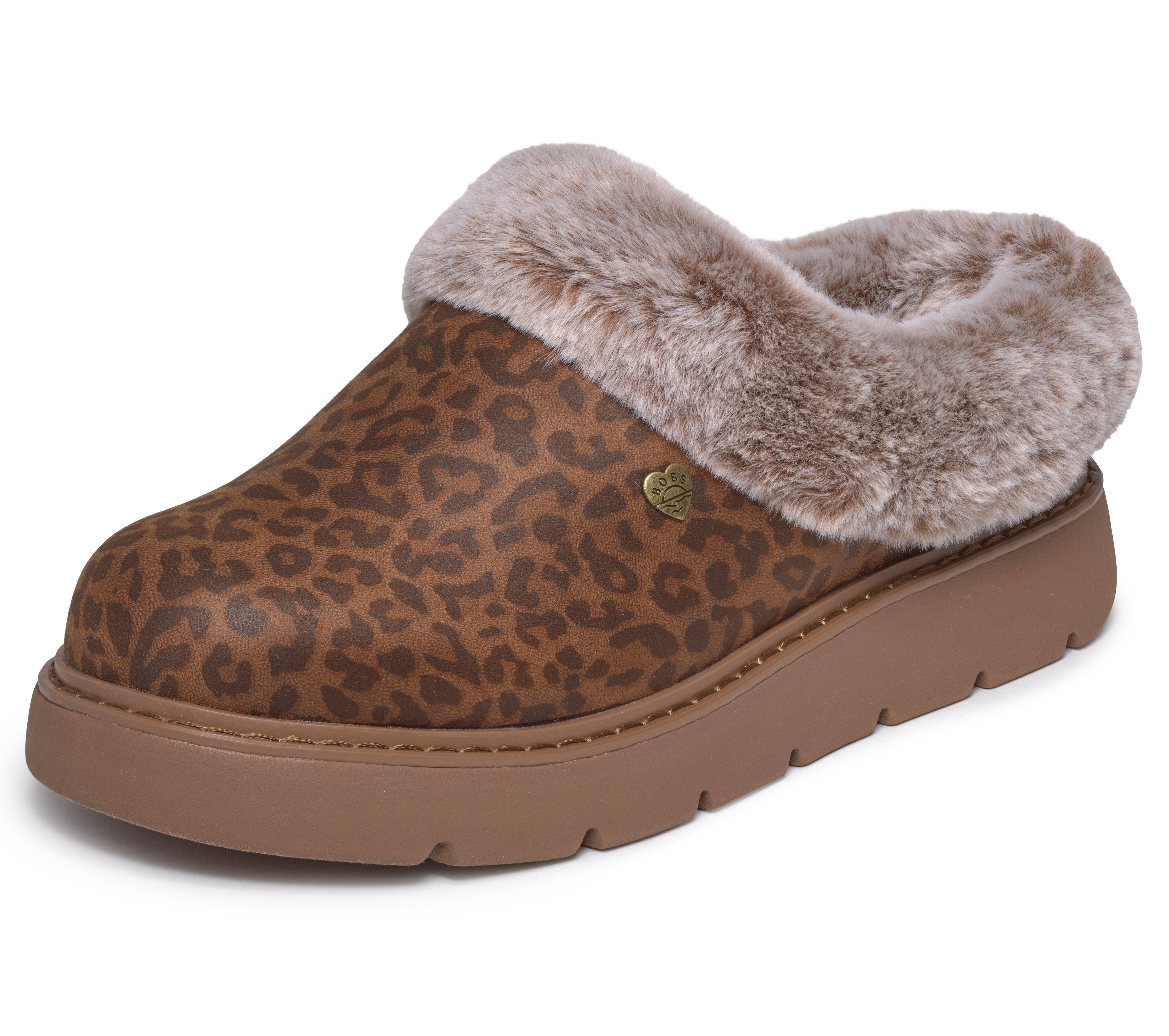 Skechers 114762 Keepsakes Lite - Cozy Blend Ladies Leopard Textile Slippers, left side view.