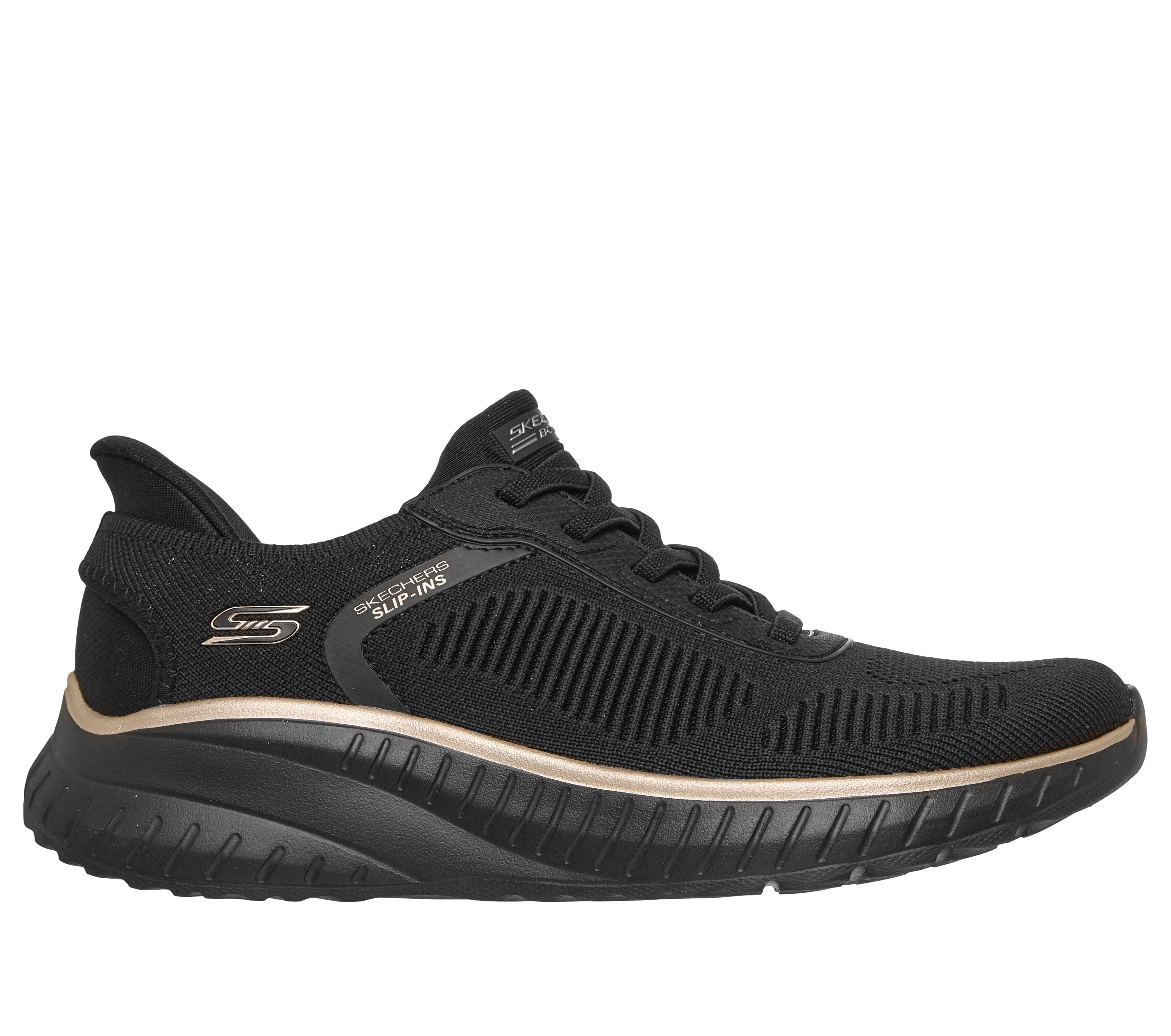 Skechers 117497 Bobs Squad Chaos-Current Muse Ladies Black Rose Gold Textile Trainers, front three-quarter view.