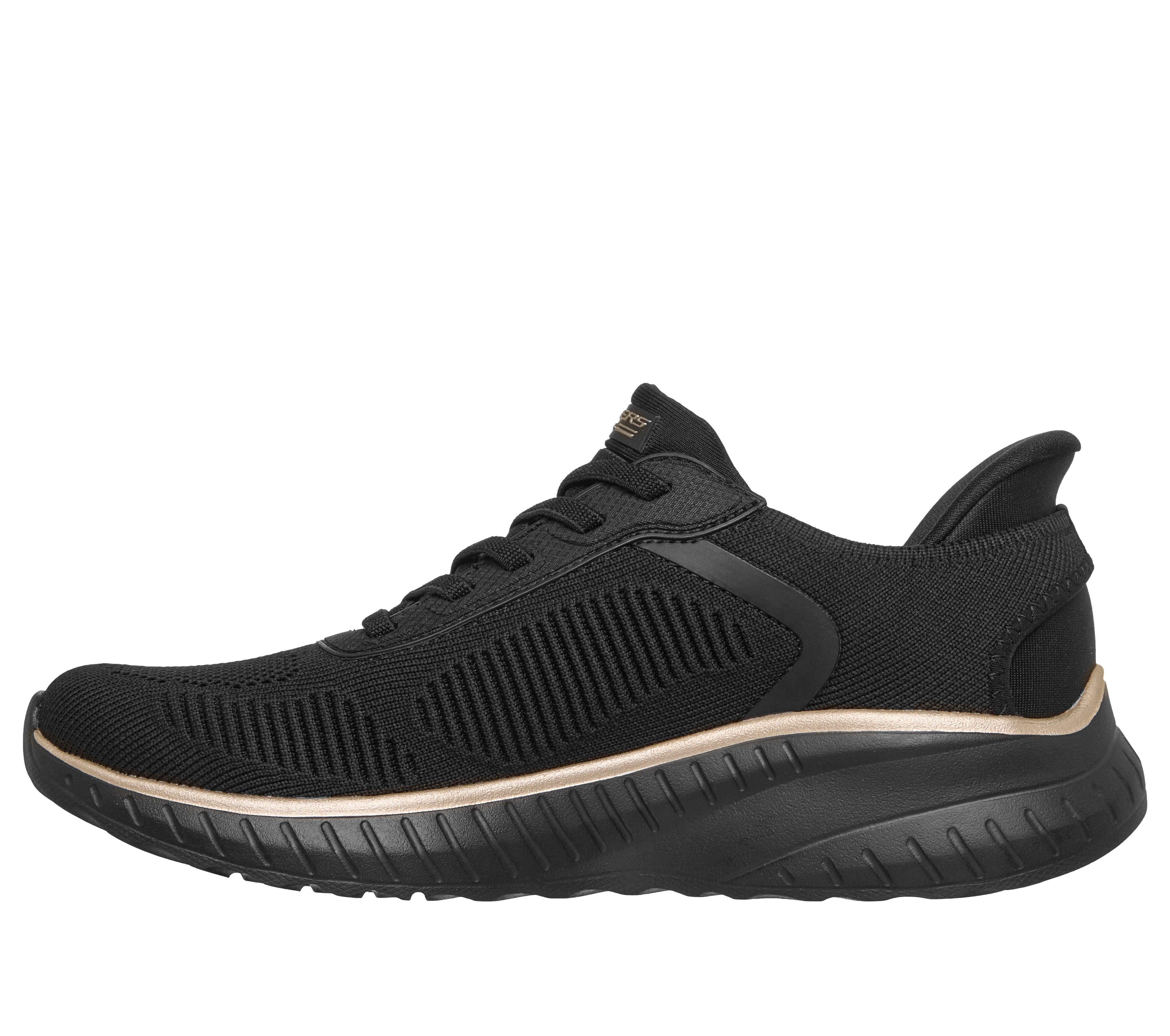 Skechers 117497 Bobs Squad Chaos-Current Muse Ladies Black Rose Gold Textile Trainers, inner side view.