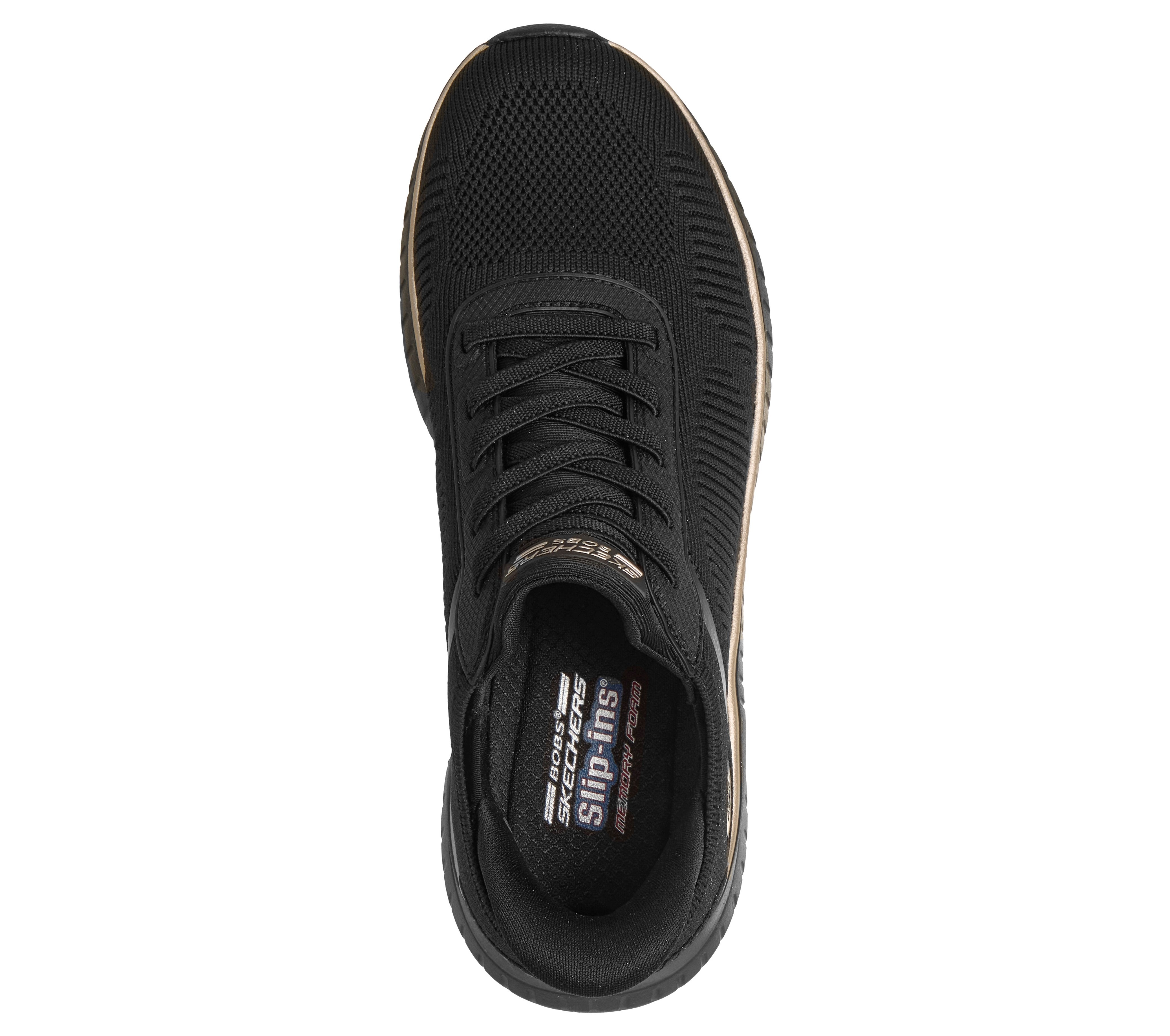 Skechers 117497 Bobs Squad Chaos-Current Muse Ladies Black Rose Gold Textile Trainers, insole and footbed view.