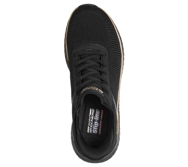 Skechers 117497 Bobs Squad Chaos-Current Muse Ladies Black Rose Gold Textile Trainers, insole and footbed view.