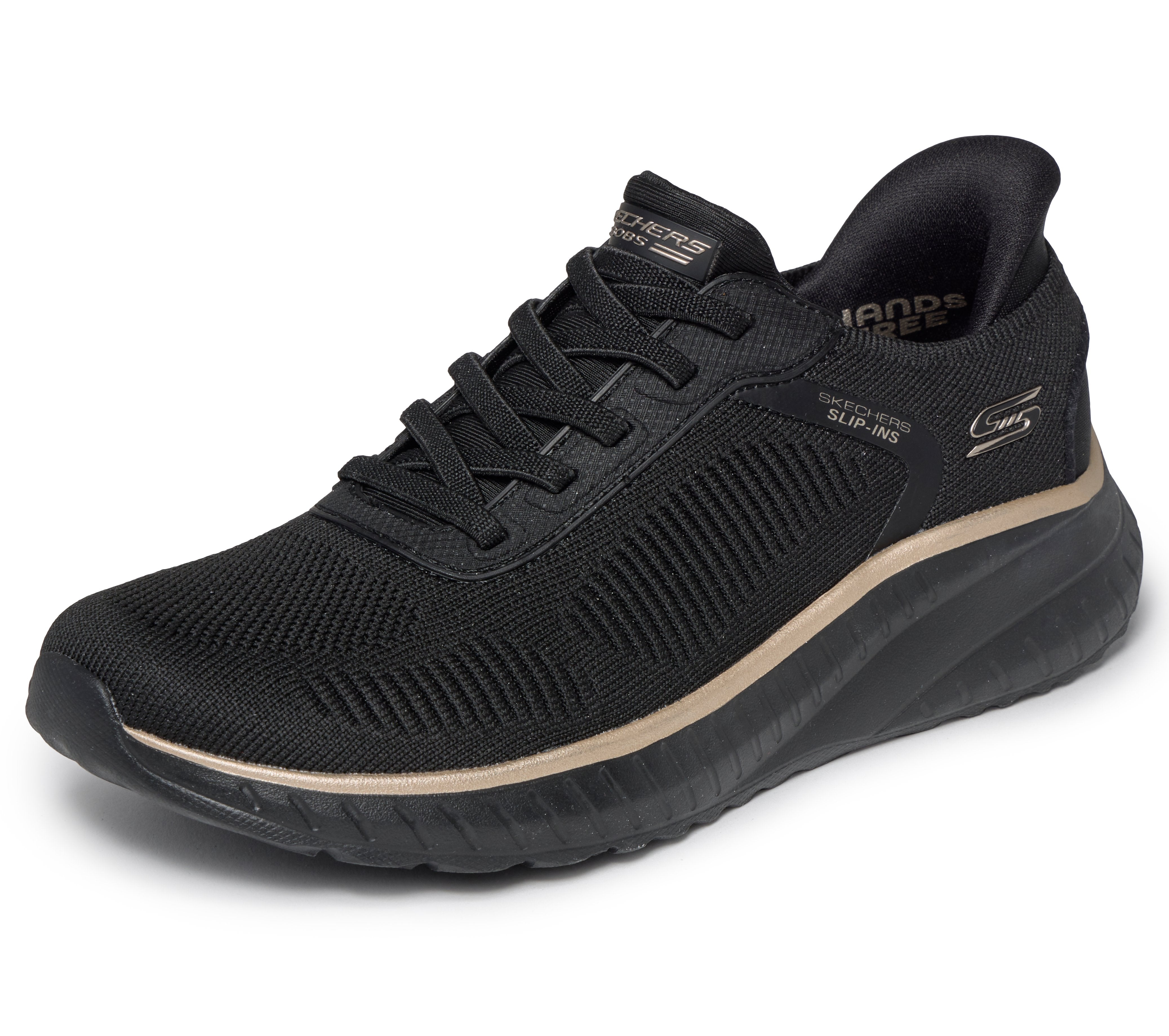 Skechers 117497 Bobs Squad Chaos-Current Muse Ladies Black Rose Gold Textile Trainers, left side view.
