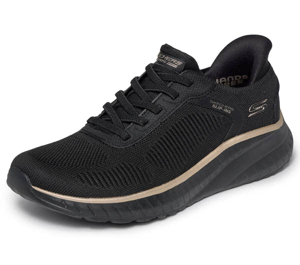 Skechers 117497 Bobs Squad Chaos-Current Muse Ladies Black Rose Gold Textile Trainers, left side view.