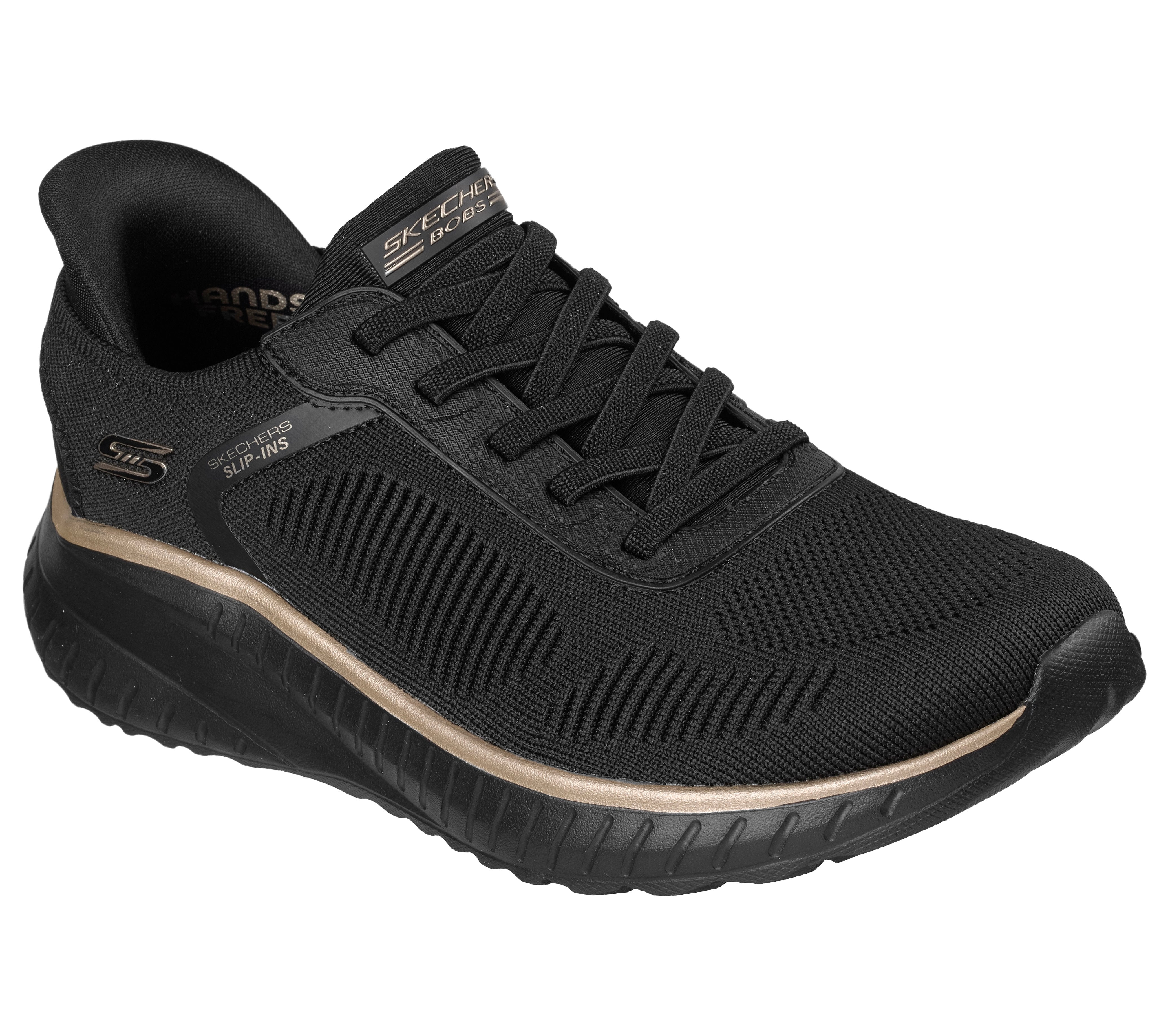Skechers 117497 Bobs Squad Chaos-Current Muse Ladies Black Rose Gold Textile Trainers, outer side view.