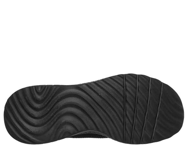 Skechers 117497 Bobs Squad Chaos-Current Muse Ladies Black Rose Gold Textile Trainers, sole and tread view.