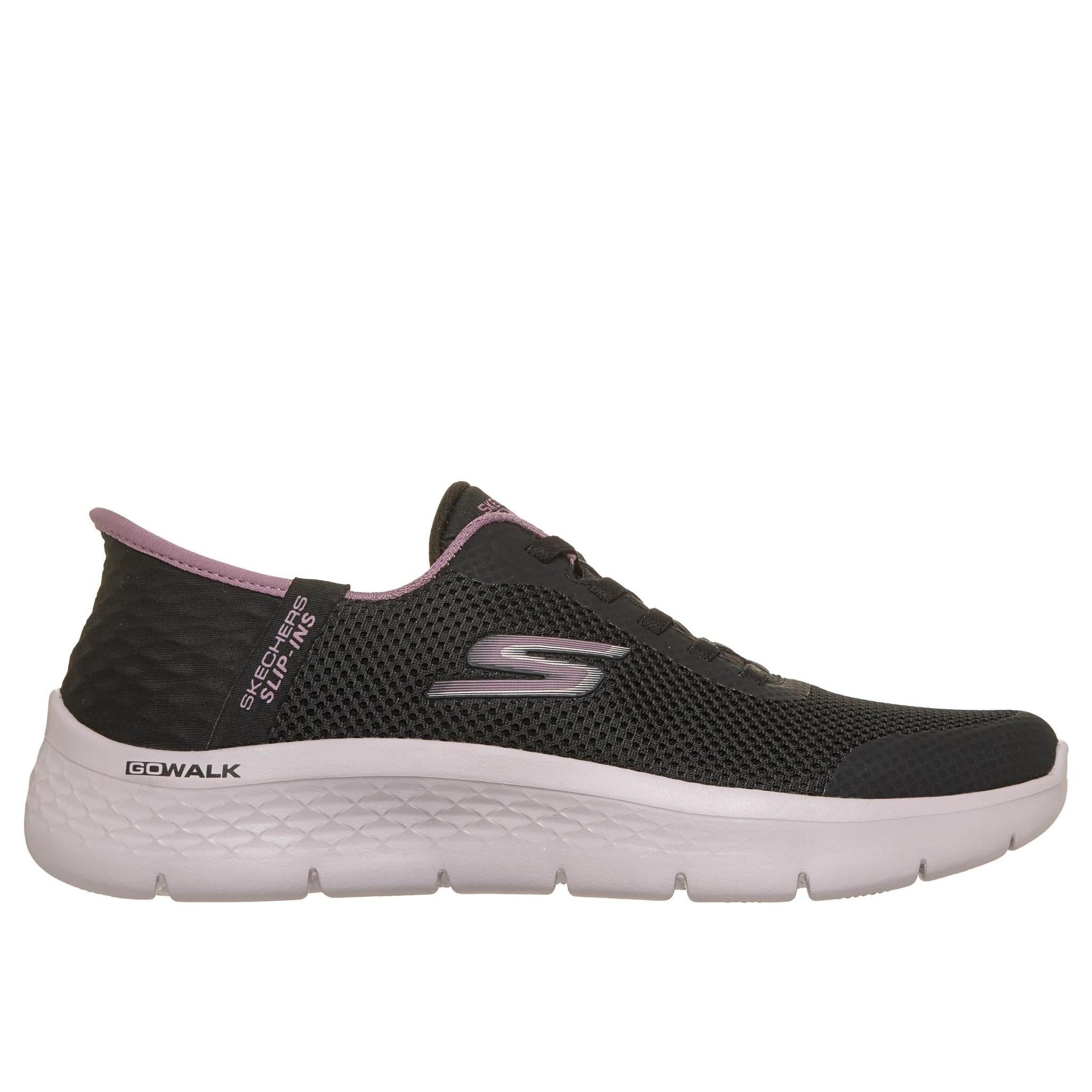 Skechers 124836 Go Walk Flex - Grand Entry Ladies Black Textile Trainers, front three-quarter view.