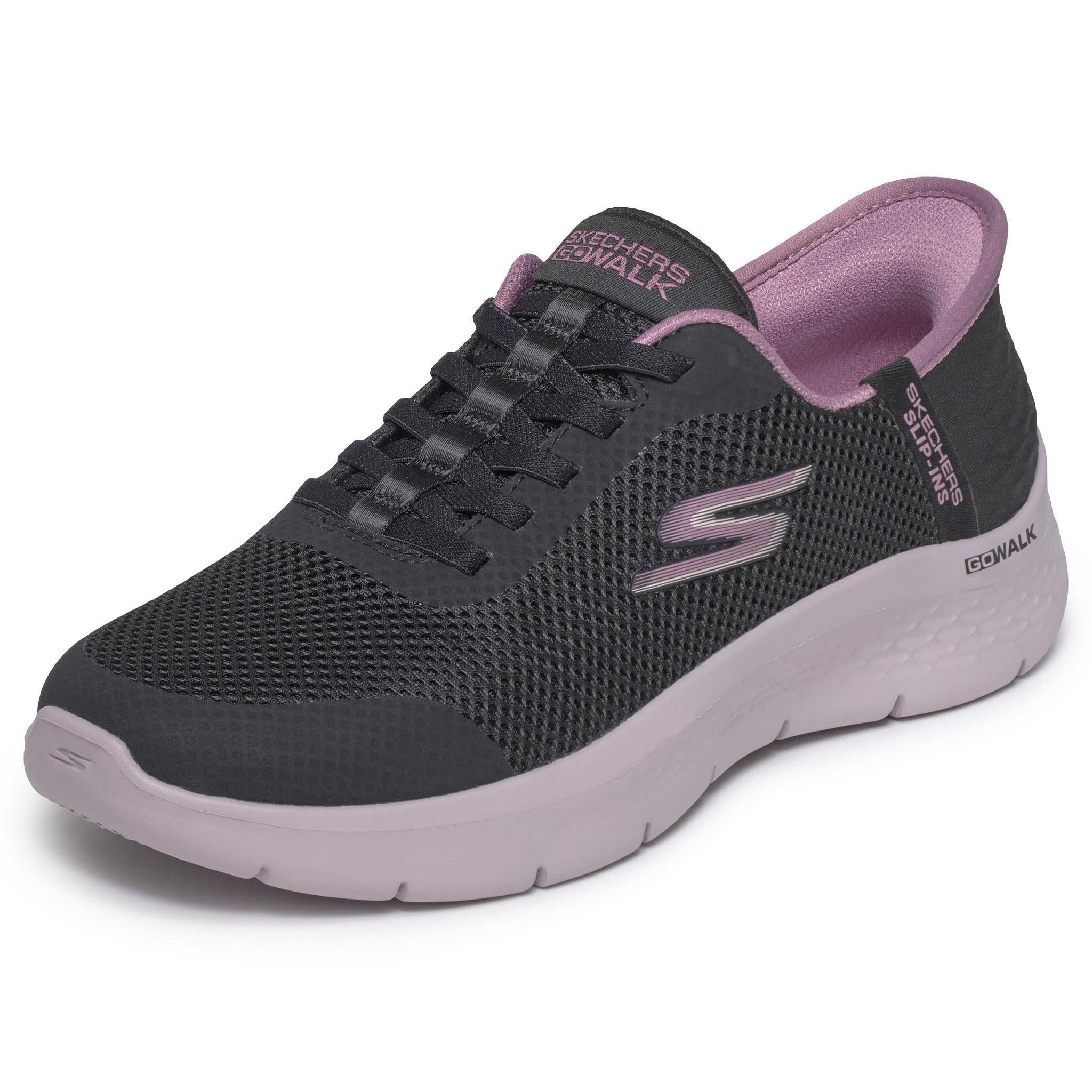 Skechers 124836 Go Walk Flex - Grand Entry Ladies Black Textile Trainers, left side view.