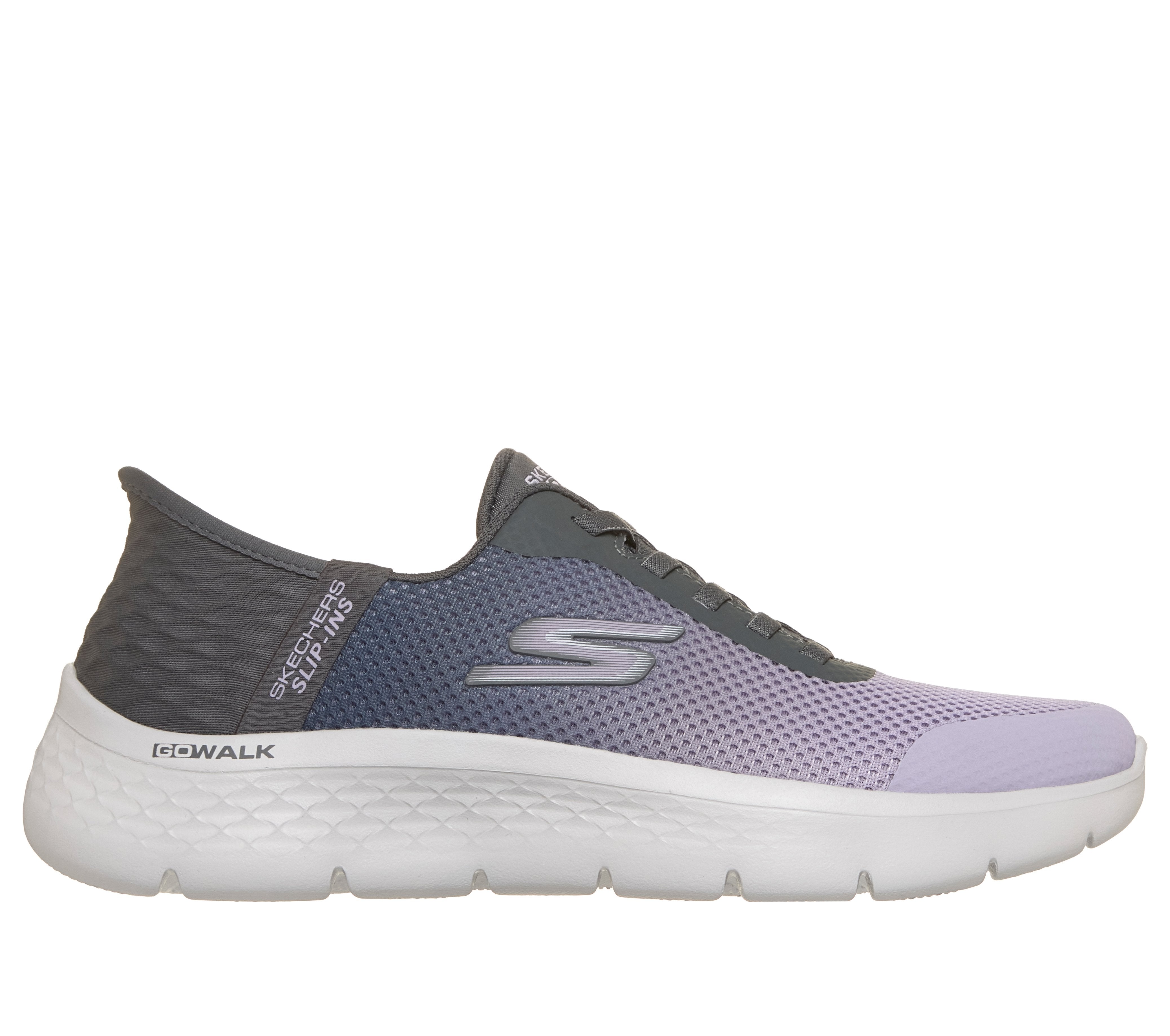 Skechers 124836 Go Walk Flex - Grand Entry Ladies Charcoal Textile Trainers, front three-quarter view.
