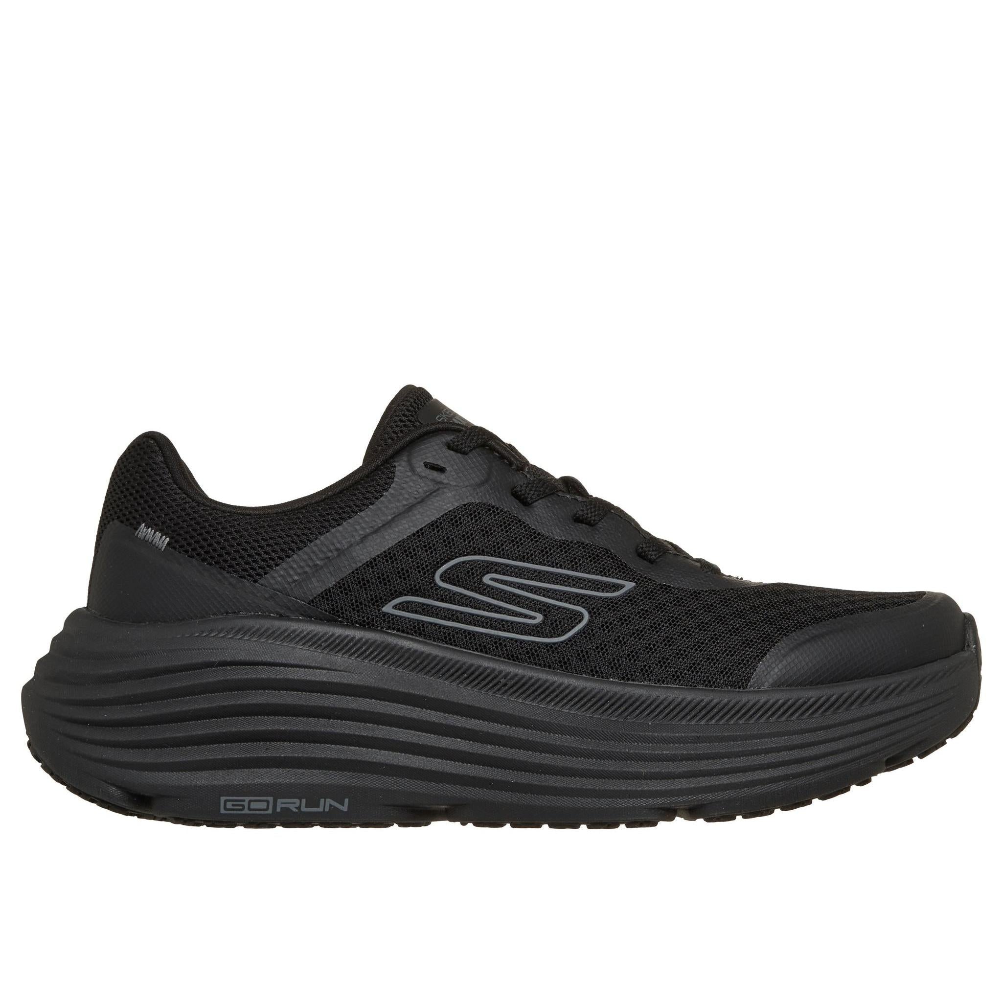 Skechers 129470 Max Cushioning Endeavour - Ca Ladies Black Trainers, front three-quarter view.