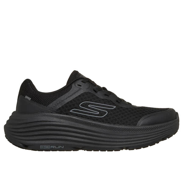 Skechers 129470 Max Cushioning Endeavour - Ca Ladies Black Trainers, front three-quarter view.