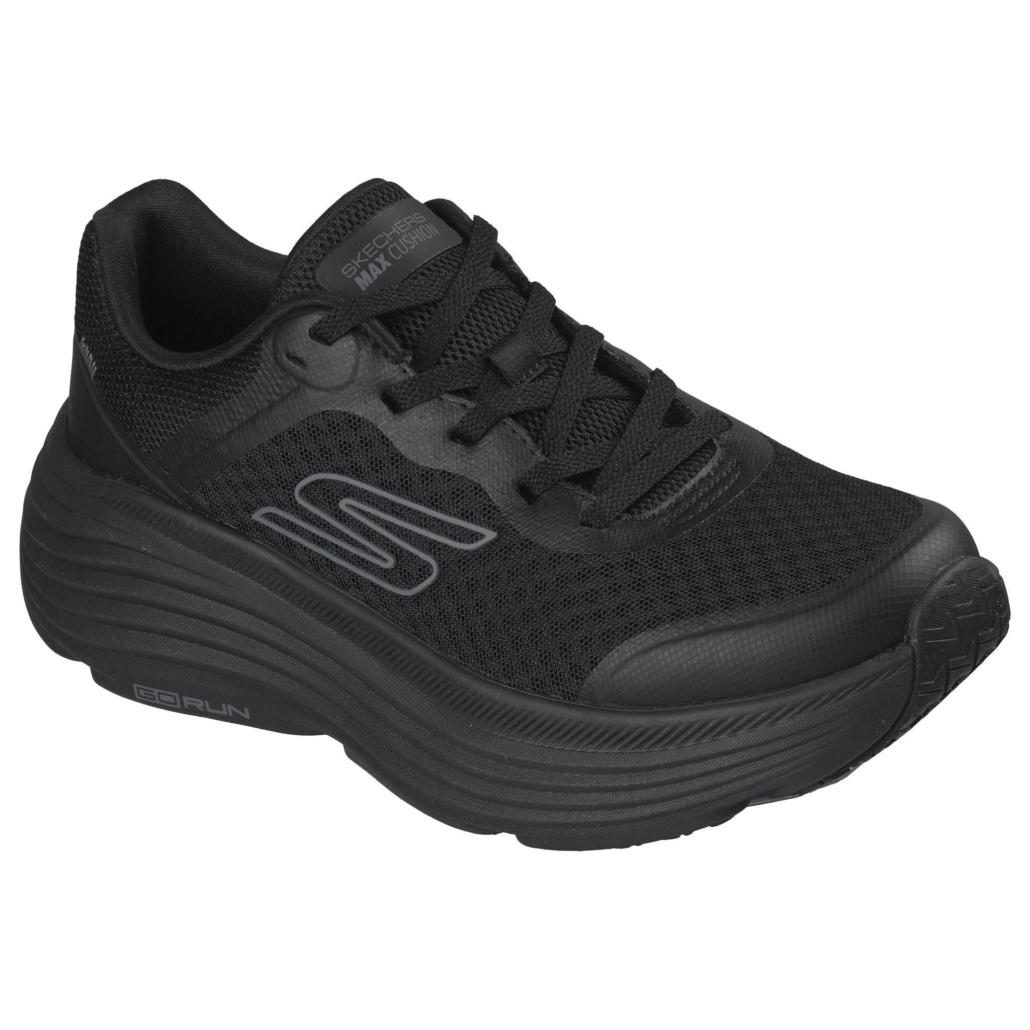 Skechers 129470 Max Cushioning Endeavour - Ca Ladies Black Trainers, outer side view.