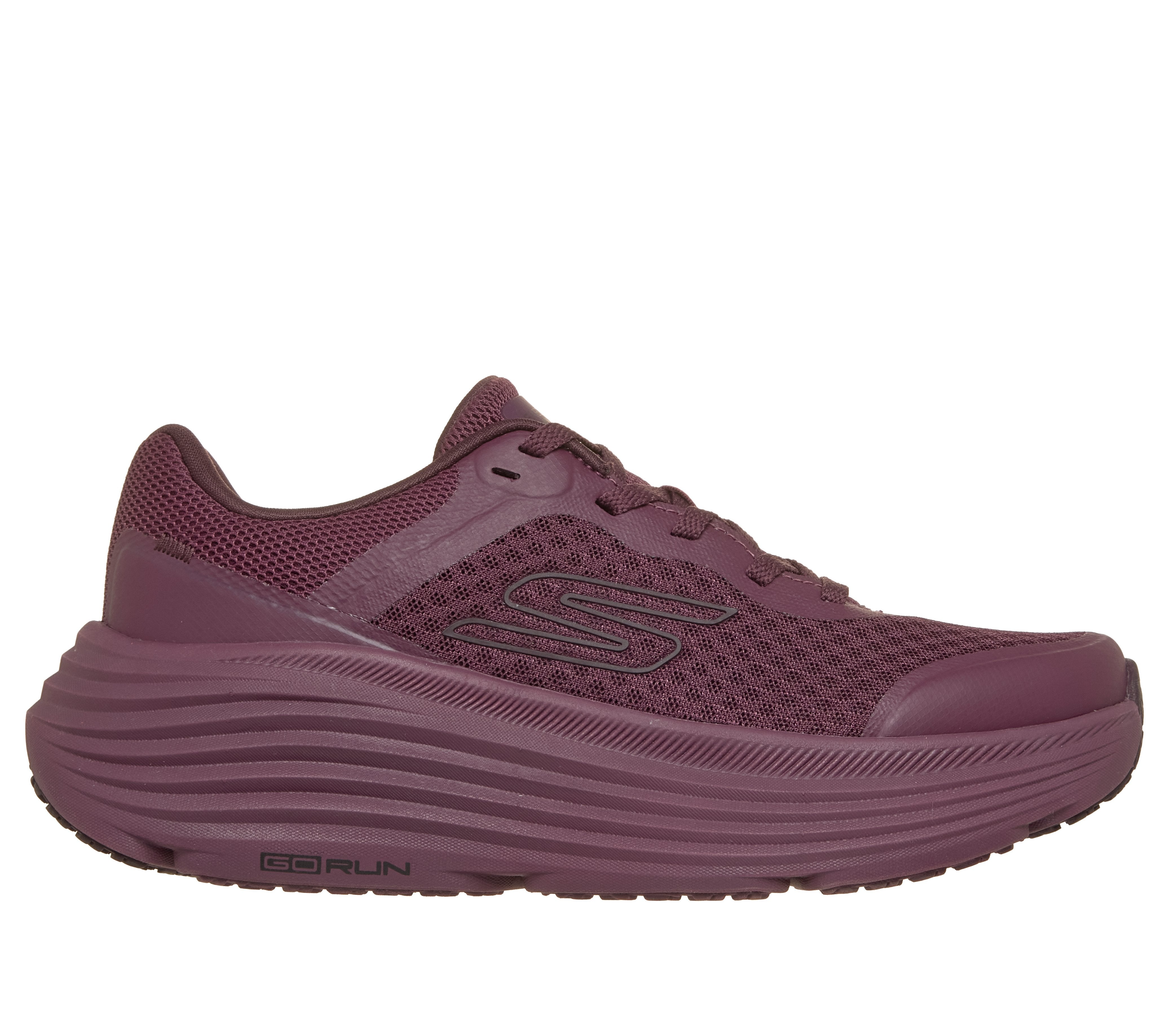 Skechers 129470 Max Cushioning Endeavour - Ca Ladies Burgundy Trainers, front three-quarter view.