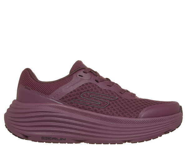 Skechers 129470 Max Cushioning Endeavour - Ca Ladies Burgundy Trainers, front three-quarter view.