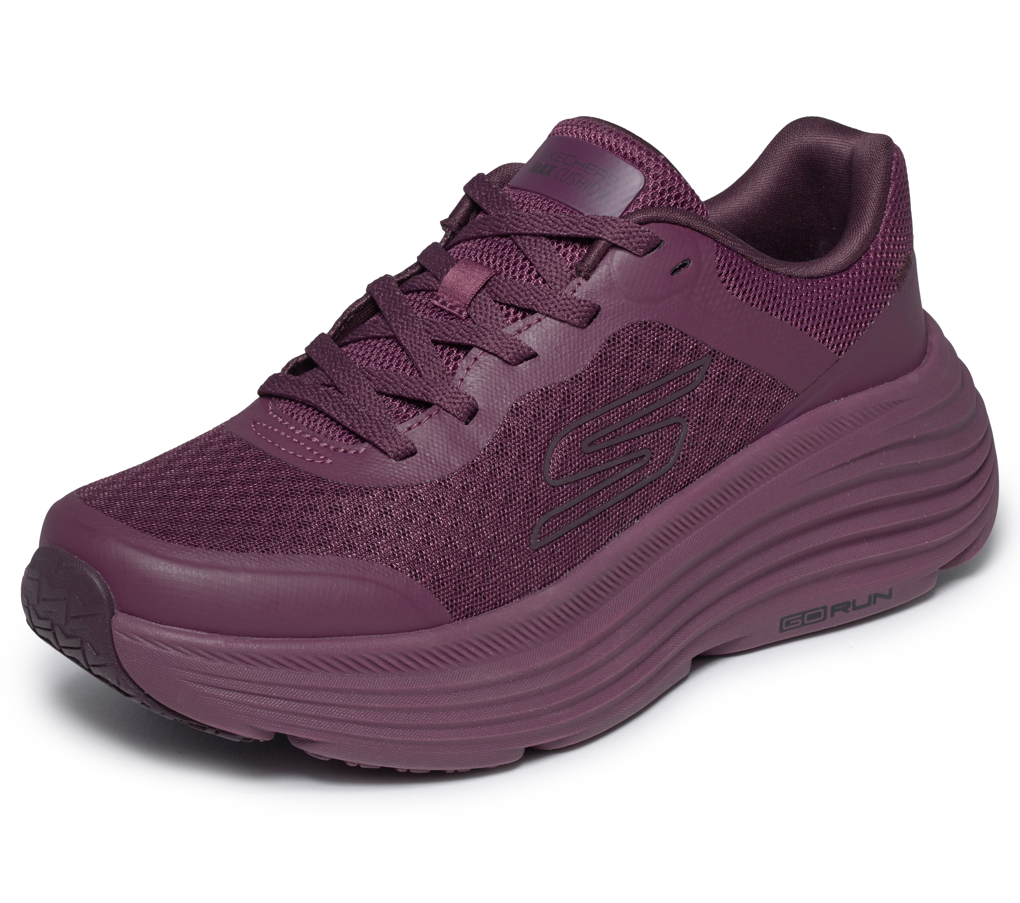 Skechers 129470 Max Cushioning Endeavour - Ca Ladies Burgundy Trainers, left side view.