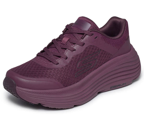 Skechers 129470 Max Cushioning Endeavour - Ca Ladies Burgundy Trainers, left side view.
