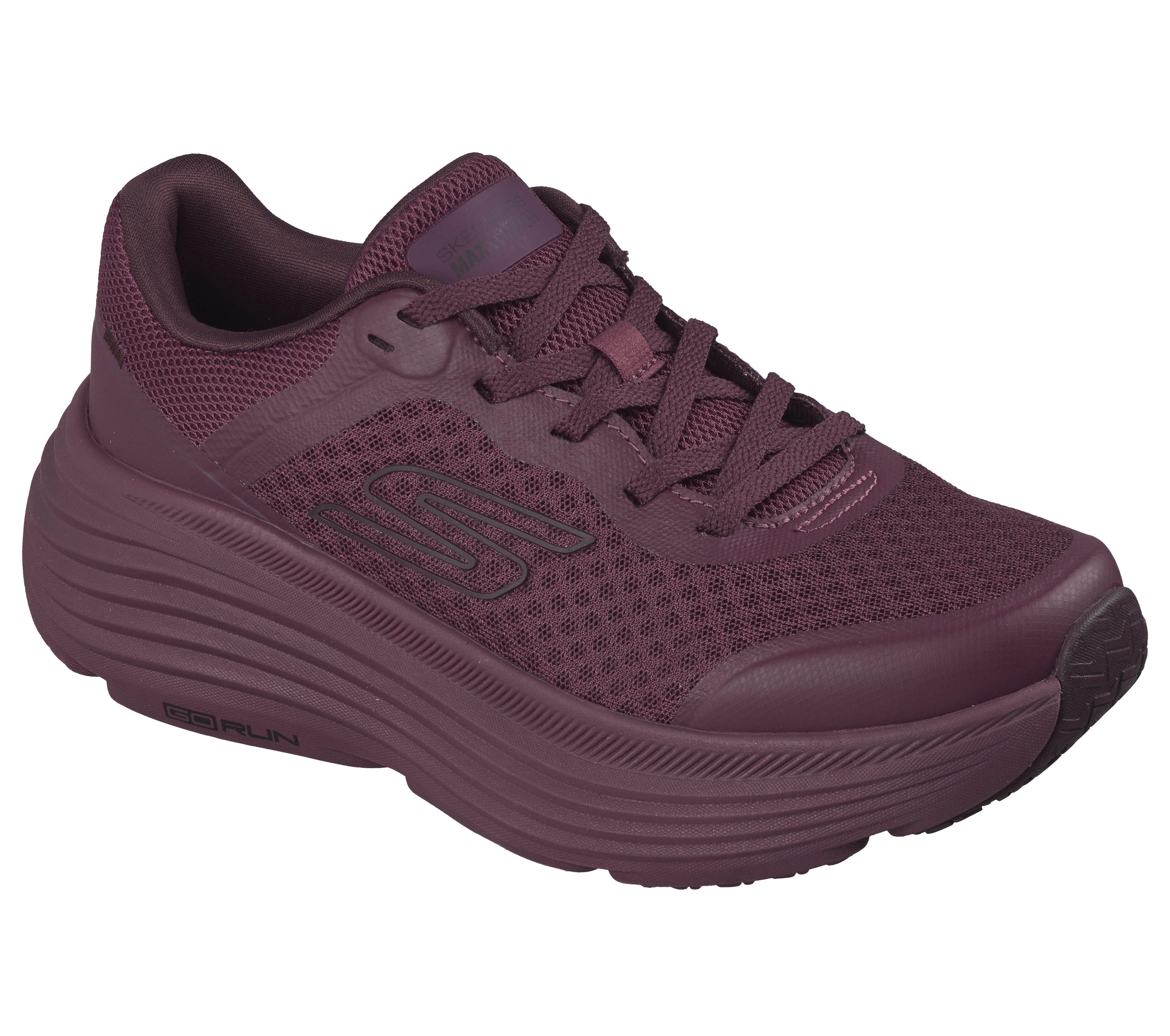 Skechers 129470 Max Cushioning Endeavour - Ca Ladies Burgundy Trainers, outer side view.