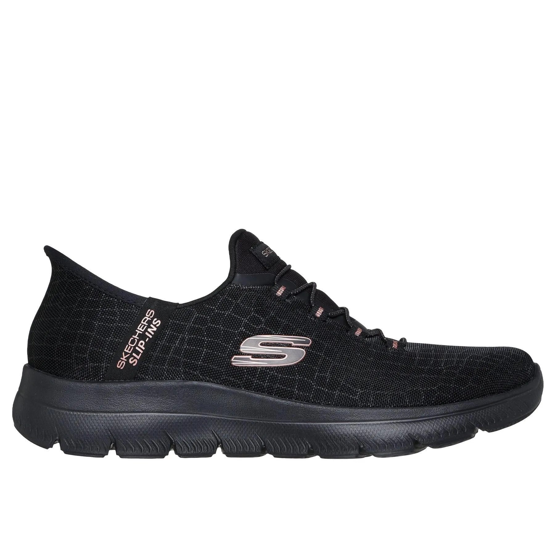 Skechers 150128 Summits-Classy Night Hands Free Ladies Black Gold Textile Vegan Slip On Trainers, front three-quarter view.