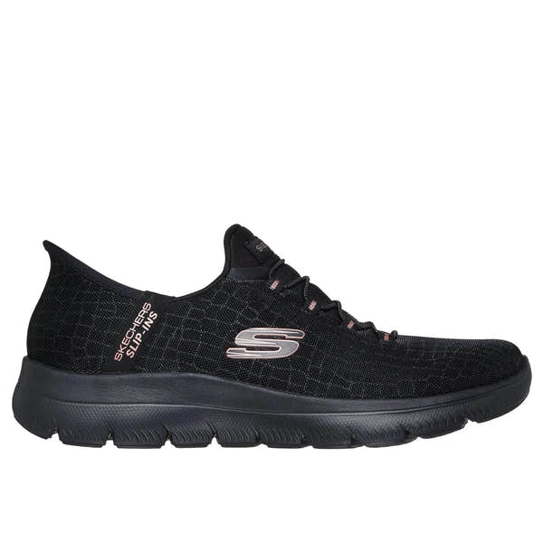 Skechers 150128 Summits-Classy Night Hands Free Ladies Black Gold Textile Vegan Slip On Trainers, front three-quarter view.