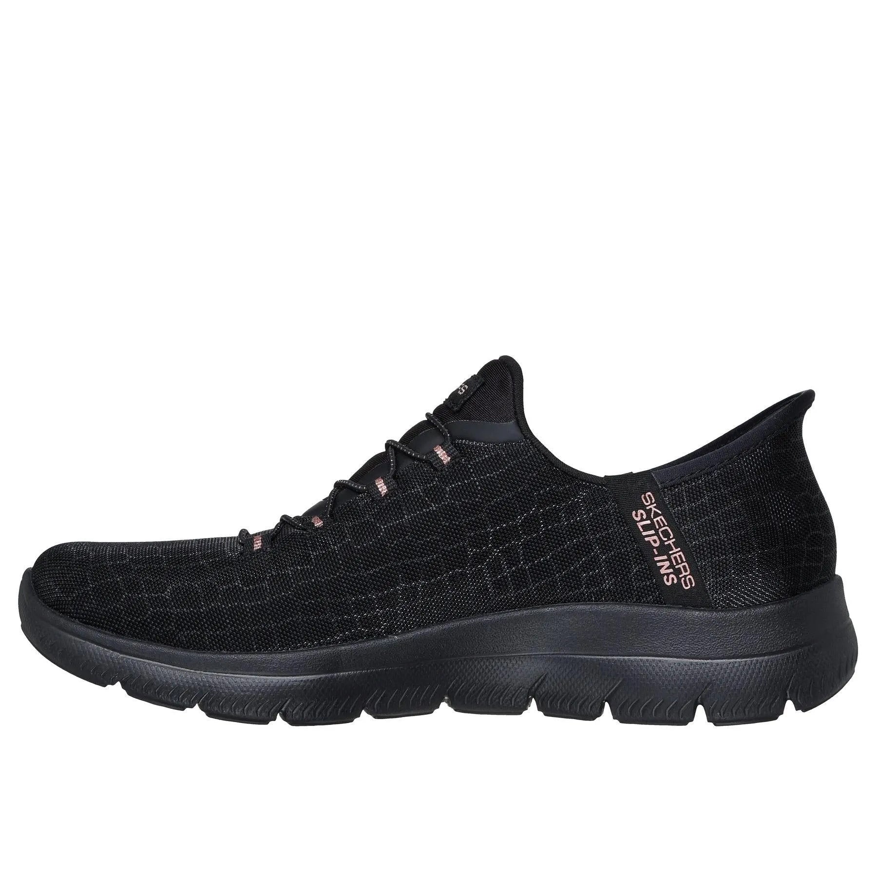 Skechers 150128 Summits-Classy Night Hands Free Ladies Black Gold Textile Vegan Slip On Trainers, inner side view.