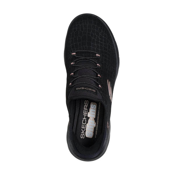 Skechers 150128 Summits-Classy Night Hands Free Ladies Black Gold Textile Vegan Slip On Trainers, insole and footbed view.