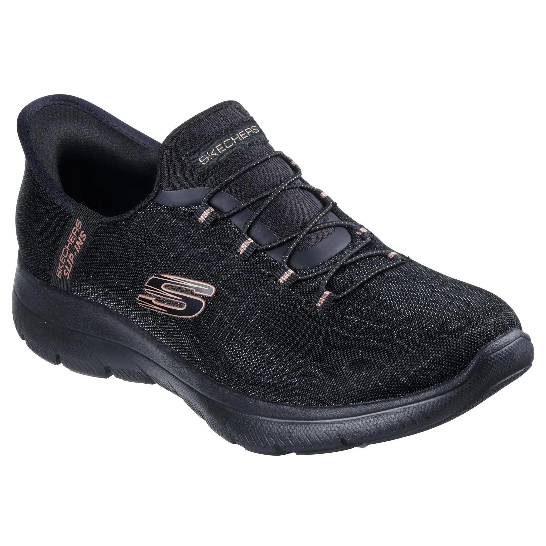 Skechers 150128 Summits-Classy Night Hands Free Ladies Black Gold Textile Vegan Slip On Trainers, outer side view.