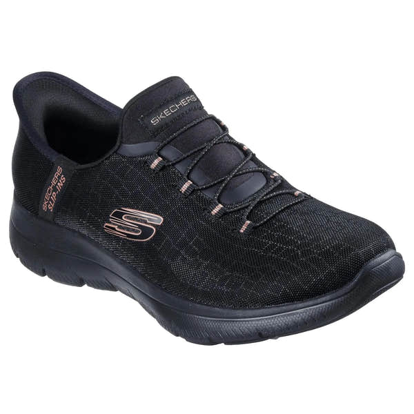 Skechers 150128 Summits-Classy Night Hands Free Ladies Black Gold Textile Vegan Slip On Trainers, outer side view.