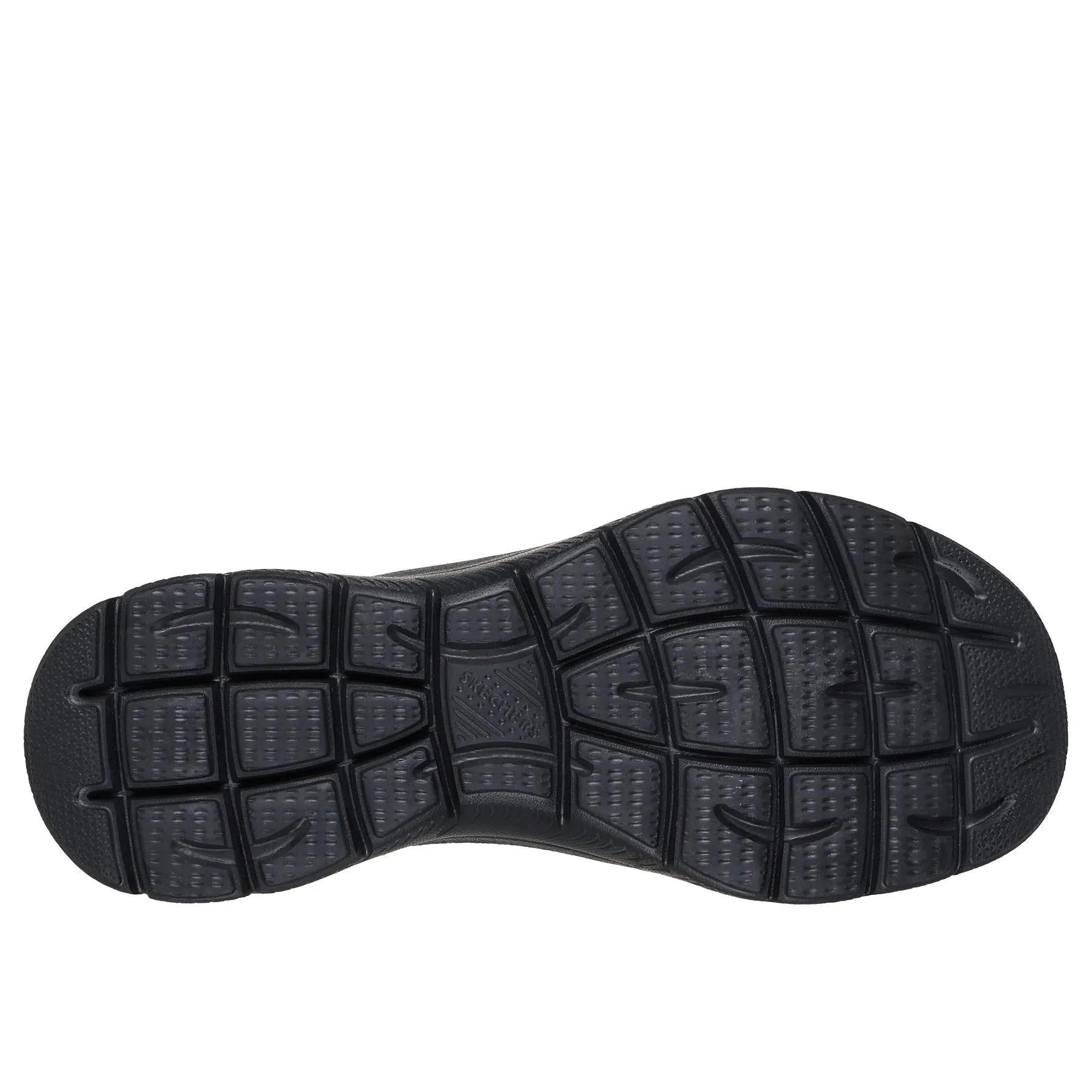 Skechers 150128 Summits-Classy Night Hands Free Ladies Black Gold Textile Vegan Slip On Trainers, sole and tread view.