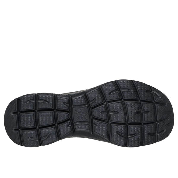 Skechers 150128 Summits-Classy Night Hands Free Ladies Black Gold Textile Vegan Slip On Trainers, sole and tread view.