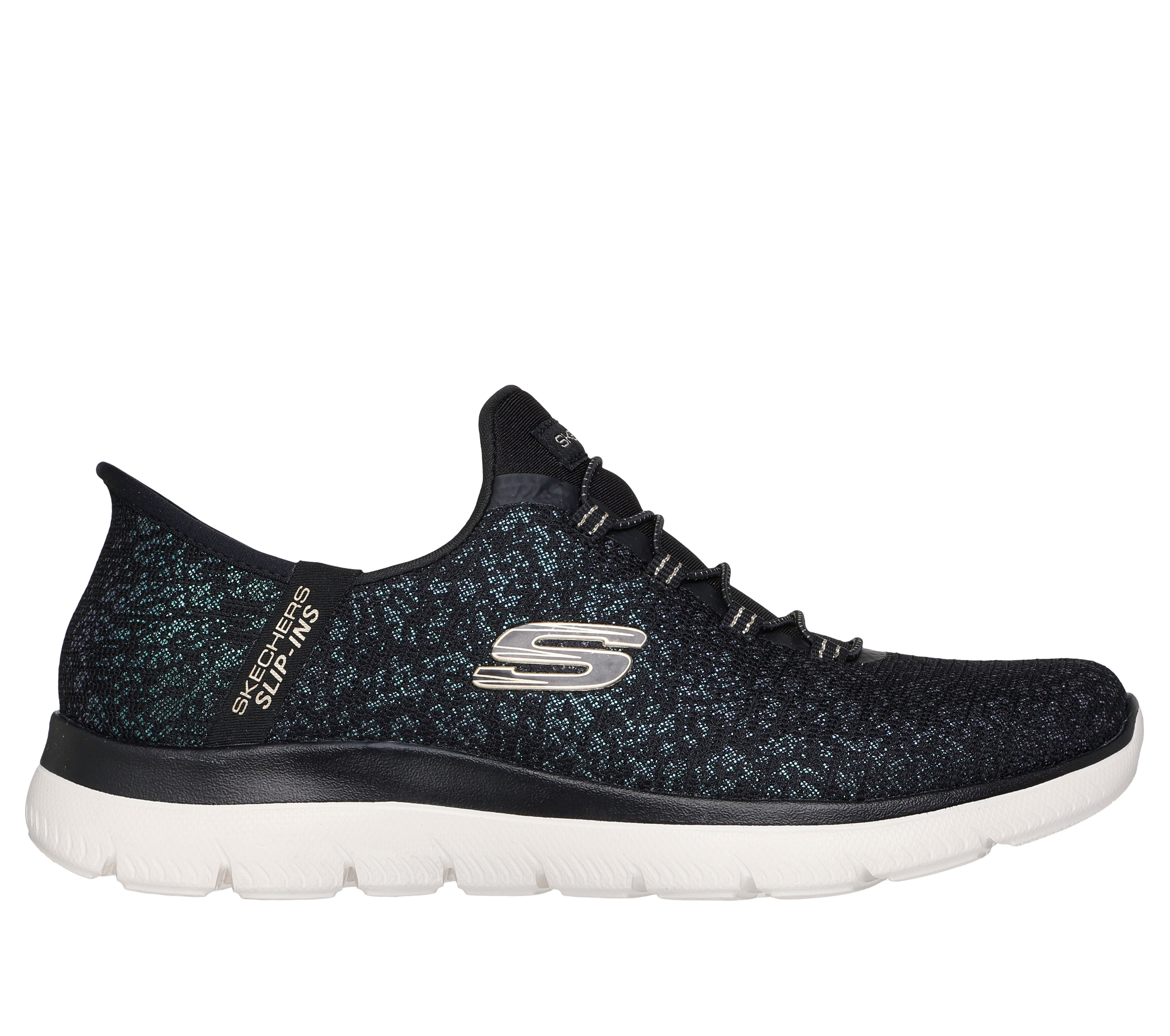 Skechers 150280 Summits-Lunar Glow Ladies Black Textile Shoes, front three-quarter view.