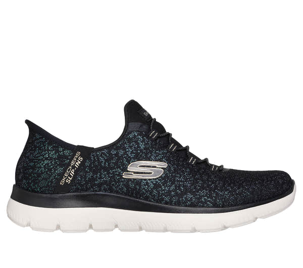 Skechers 150280 Summits-Lunar Glow Ladies Black Textile Shoes, front three-quarter view.