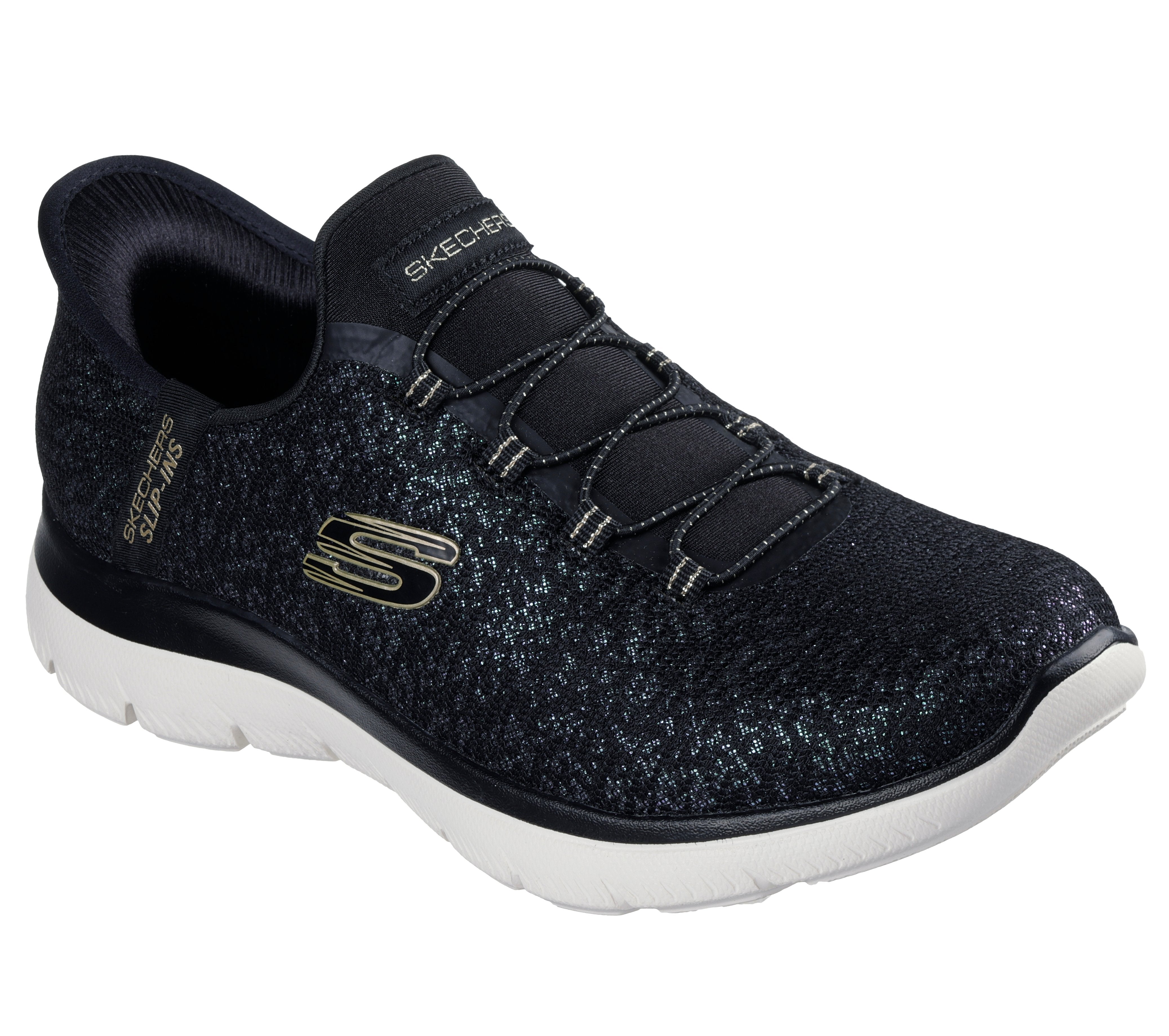 Skechers 150280 Summits-Lunar Glow Ladies Black Textile Shoes, outer side view.