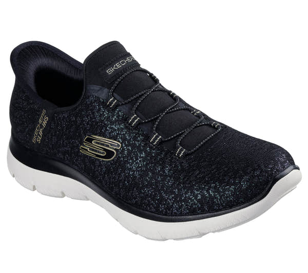 Skechers 150280 Summits-Lunar Glow Ladies Black Textile Shoes, outer side view.
