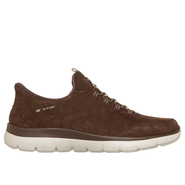 Skechers 150342 Summits - Luxe Stride Ladies Brown Leather Mix Shoes, front three-quarter view.