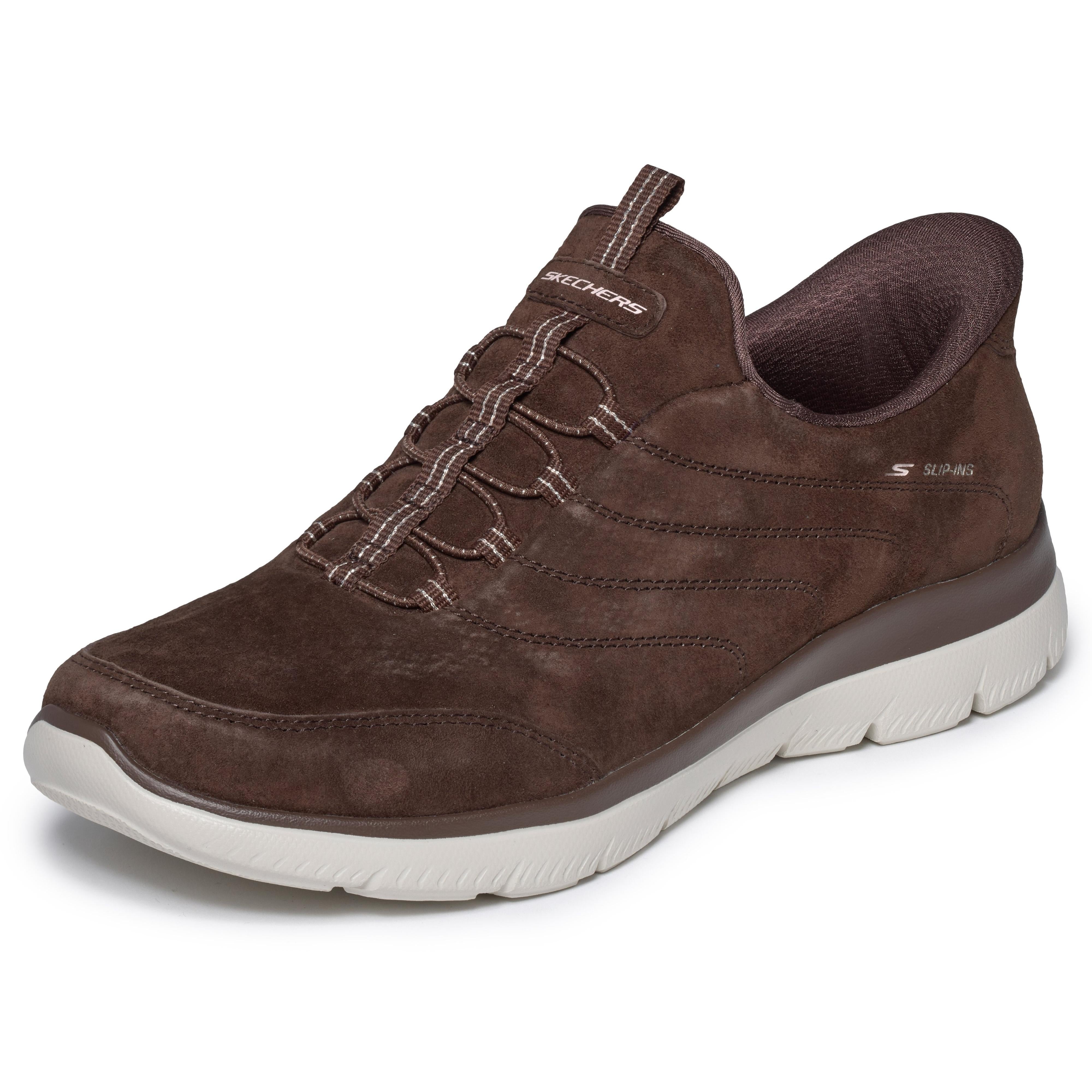 Skechers 150342 Summits - Luxe Stride Ladies Brown Leather Mix Shoes, left side view.